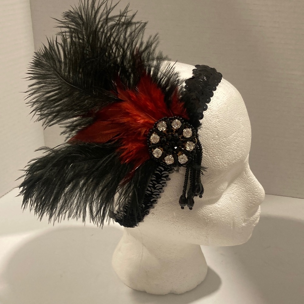 Red and Black Feathered, Beaded, Sequin Headband